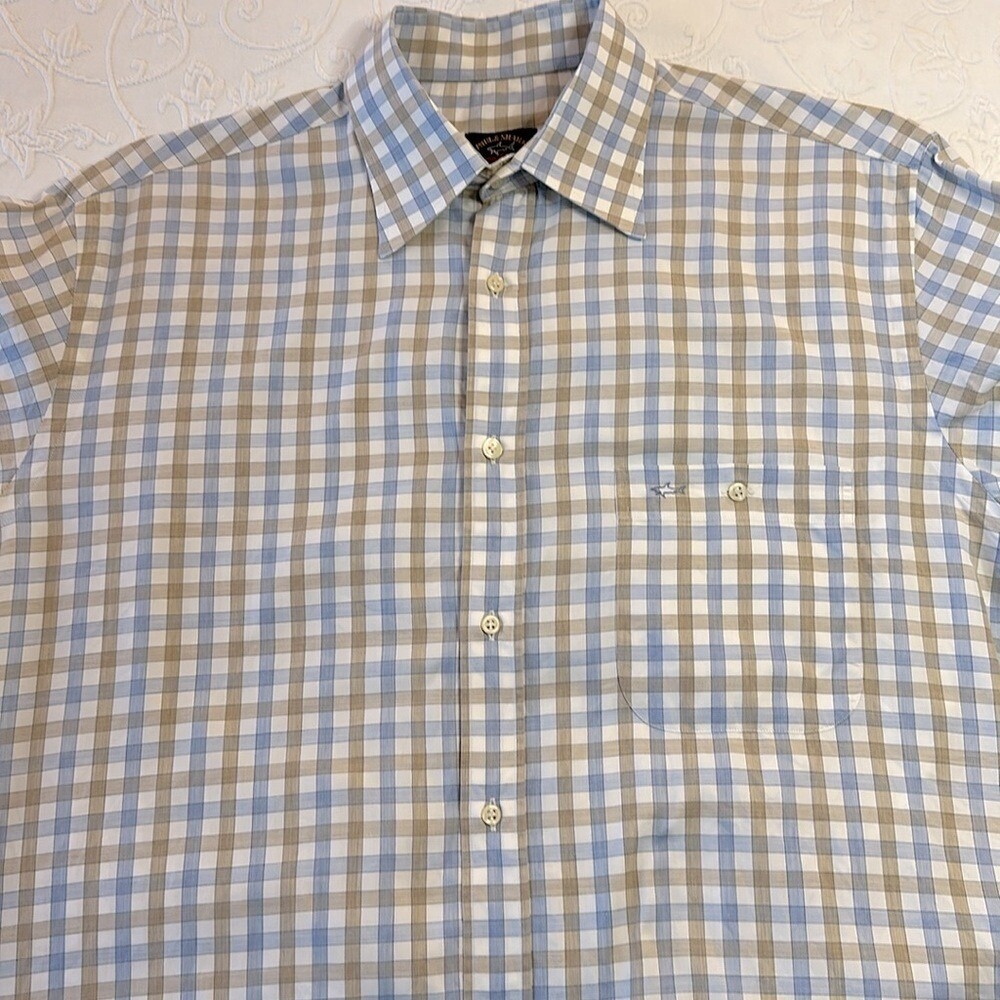 Paul &‎ Shark Yachting Blue and Tan Checked Long Sleeve Button Down Shirt Sz42
